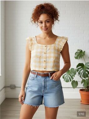 Rebellion Yellow Gingham Ruffle-Sleeve Crop Top